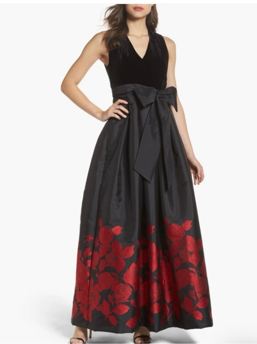 Eliza J Formal Black Red Floral Maxi Ball Gown Velvet Sleeveless Dress Pockets 8